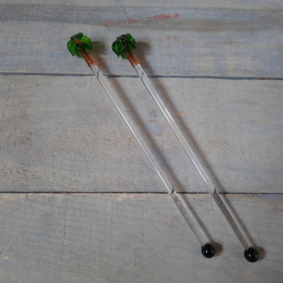 Vintage Hand Blown Art Glass Swizzle Stir Sticks Palm Trees Set of 2 - Picture 3 of 14